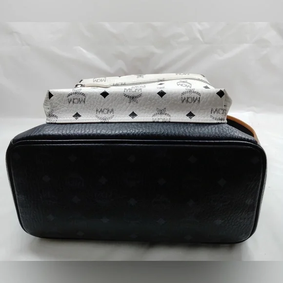 Authentic MCM BackPack Bag  Black Tan White leather pvc - Picture 5 of 11